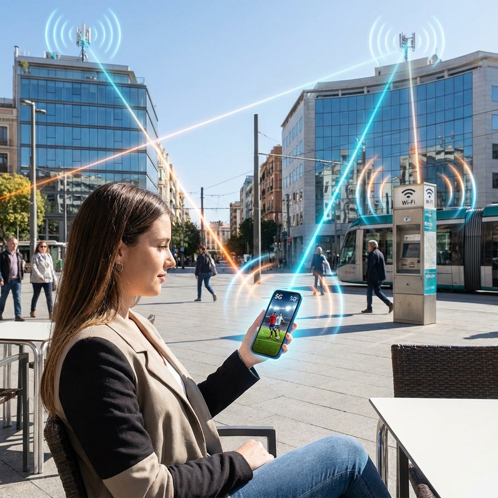 Persona usando 5G en ciudad moderna