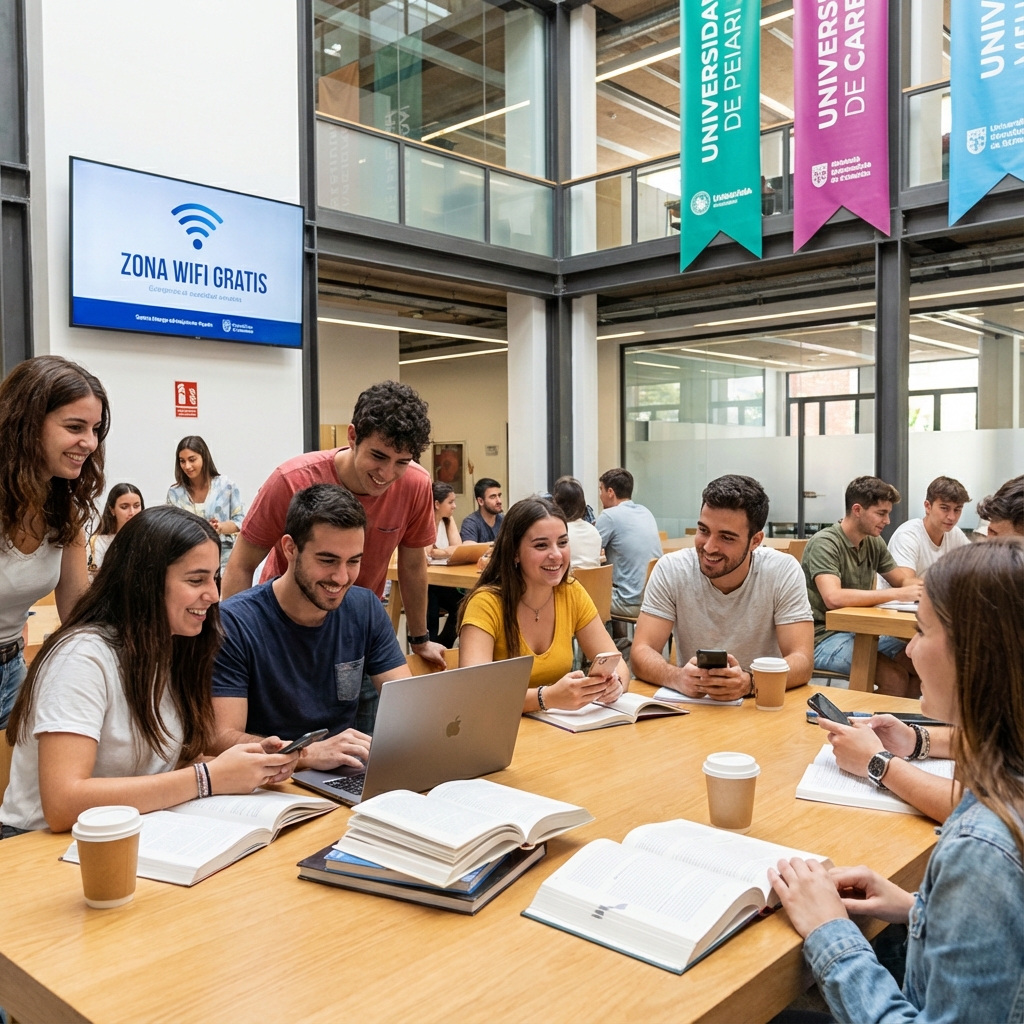 Estudiantes universitarios usando internet en el campus