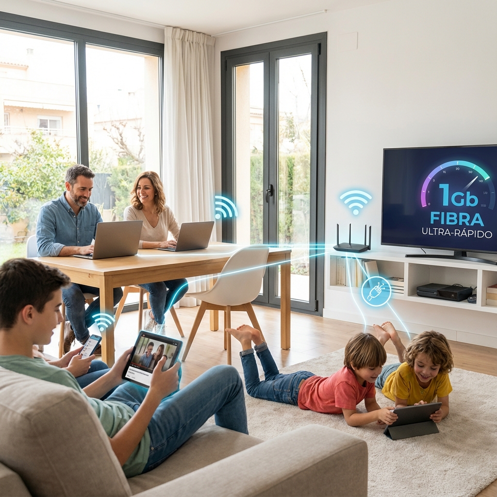 Familia moderna usando múltiples dispositivos con fibra 1Gb