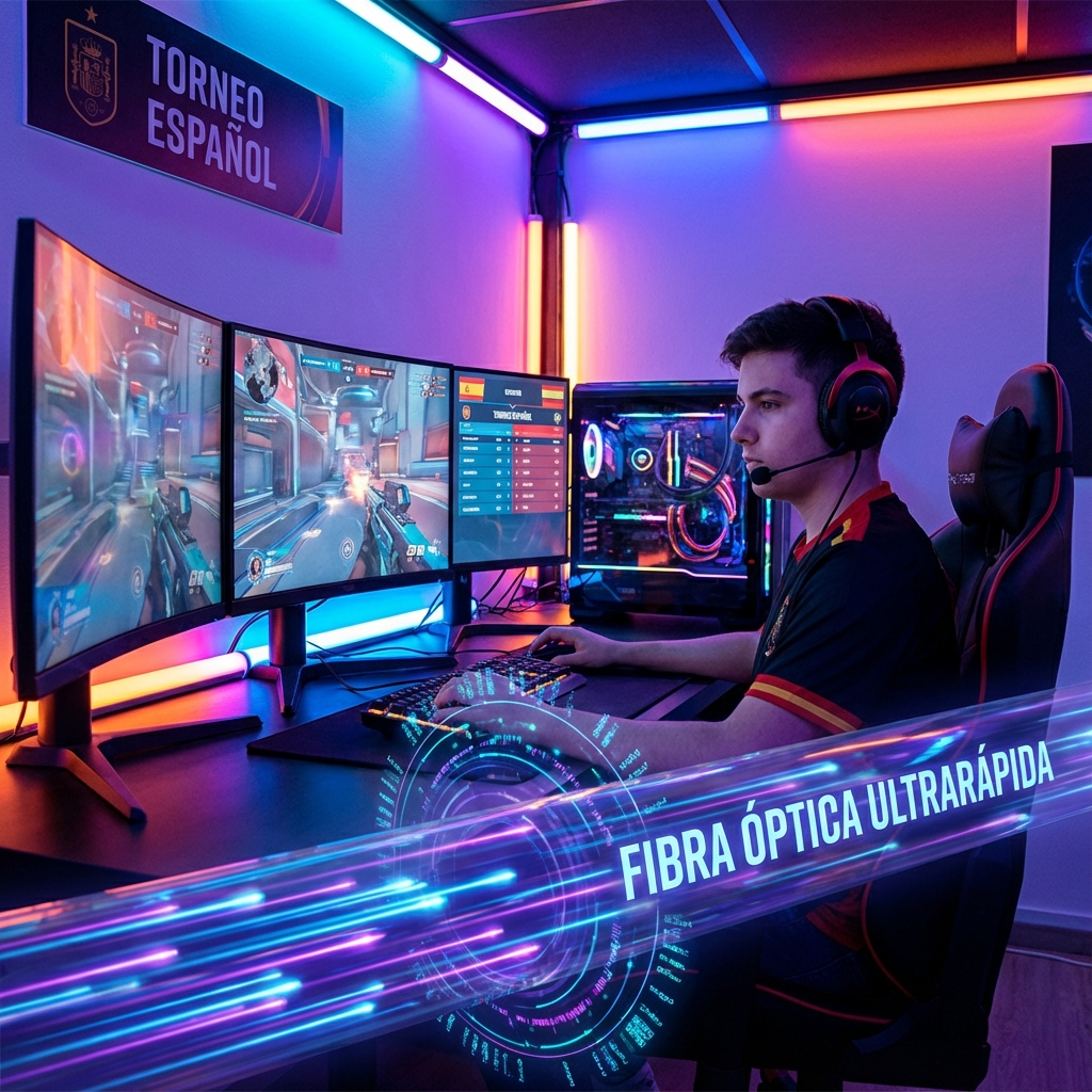 Setup gaming profesional con fibra 1Gb de alta velocidad