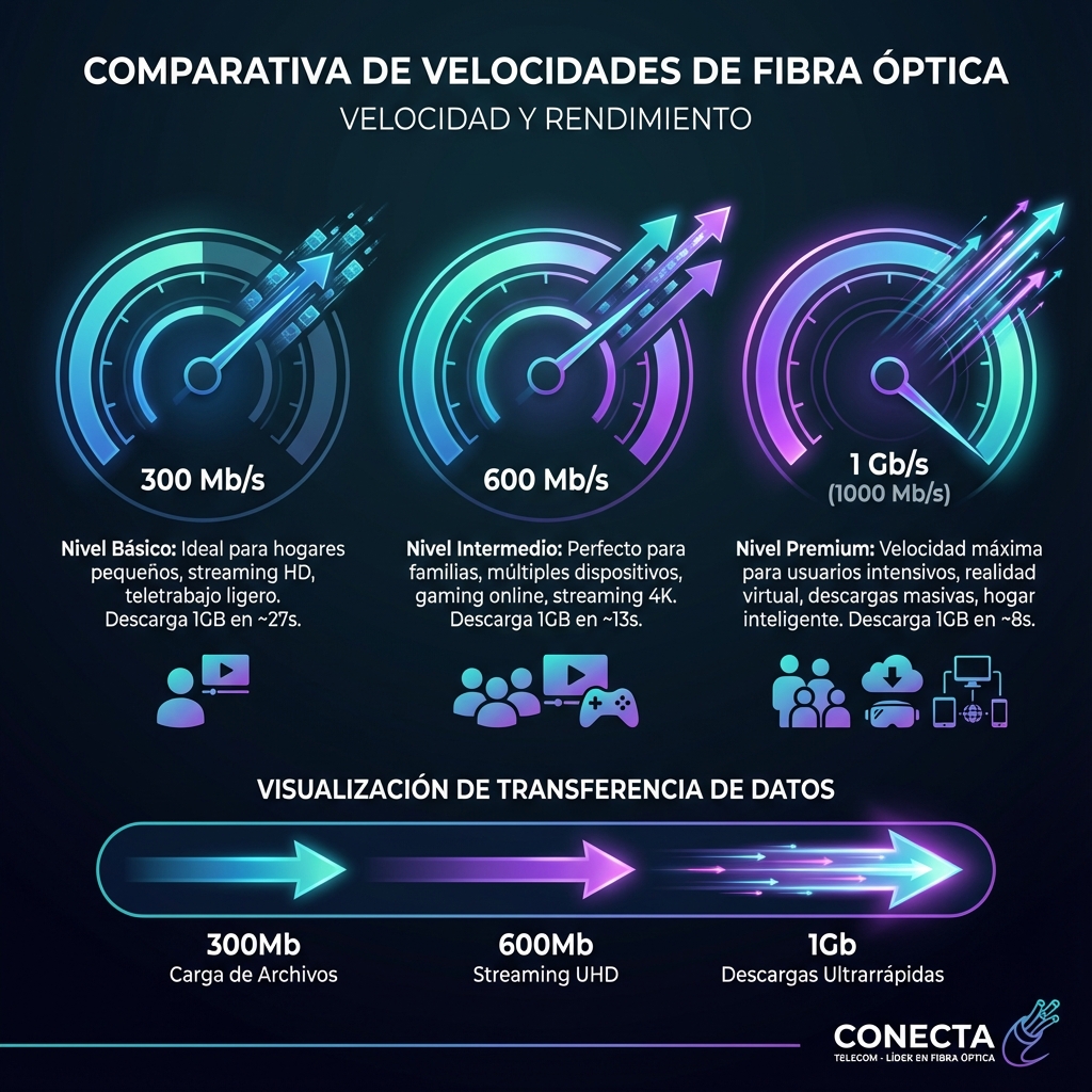 Comparación de velocidades de fibra: 300Mb vs 600Mb vs 1Gb